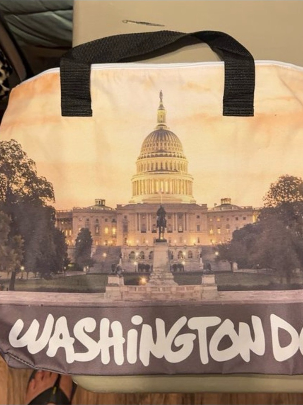 Washington DC Printed Tote Bag for Men - Beige and Black